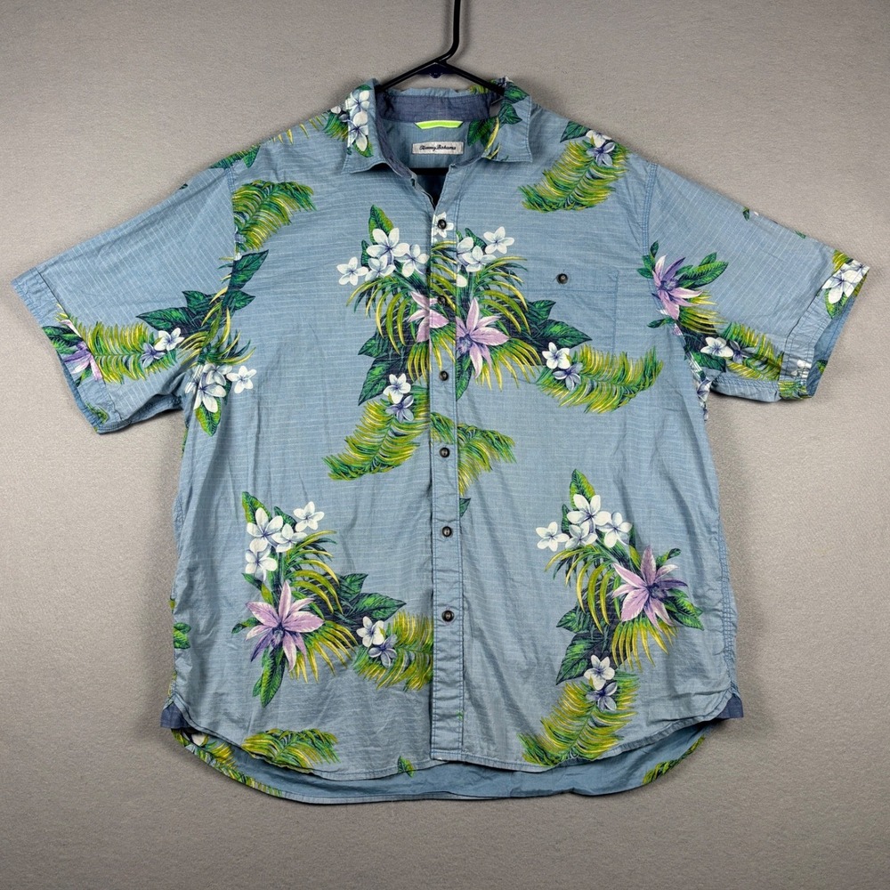 Tommy Bahama Tropical Floral Button Up Shirt XL Blue Short Sleeve Cotton Blend
